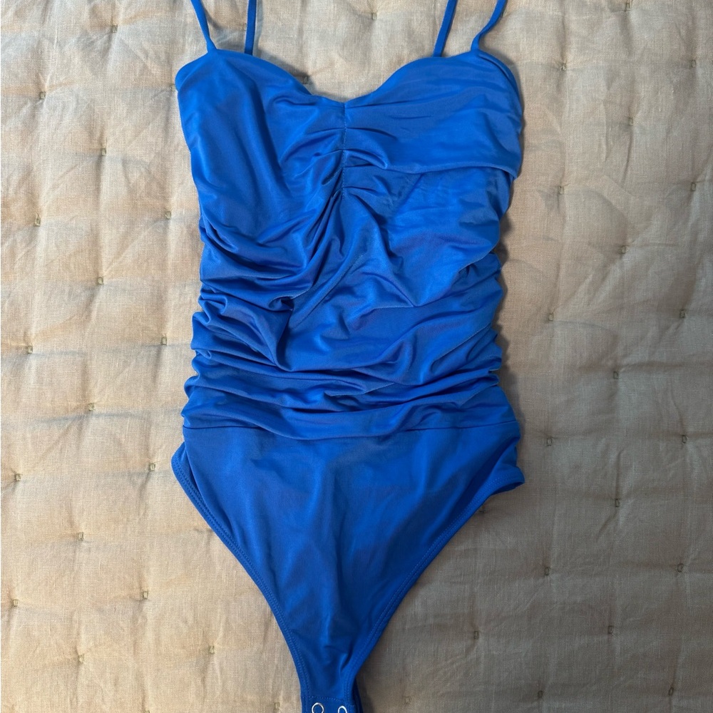 Express Blue and Yellow Bodysuit with Sweetheart Neckline